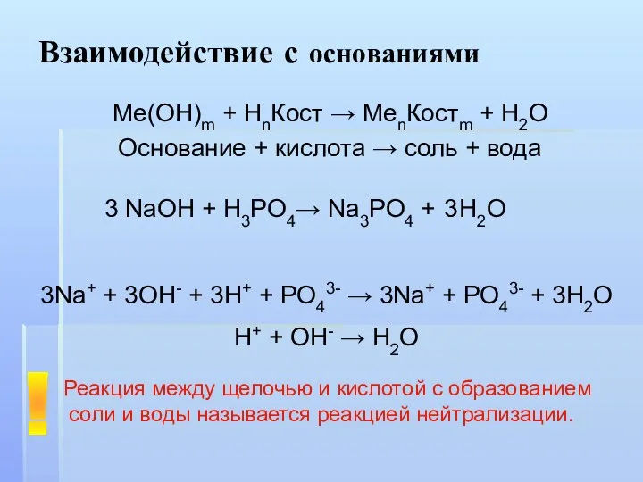 Взаимодействие с основаниями Ме(ОН)m + НnКост → MenКостm + H2O
