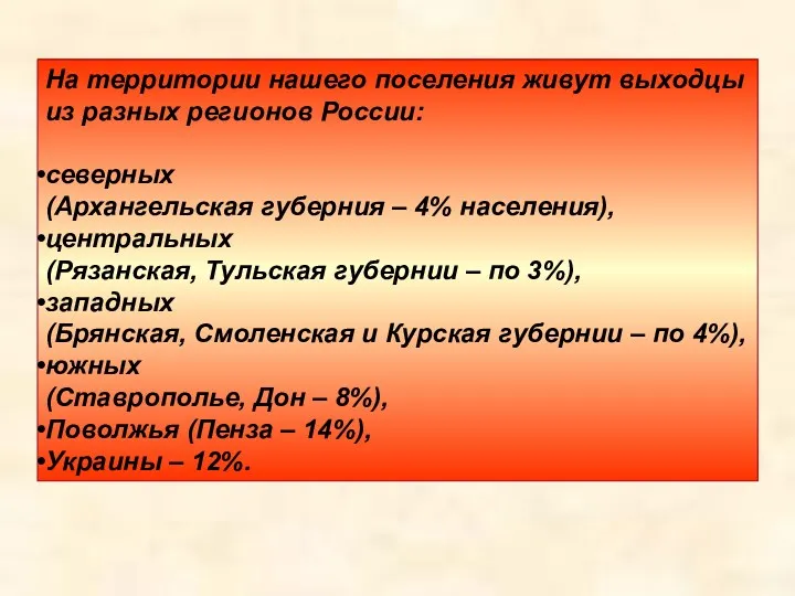 На территории нашего поселения живут выходцы из разных регионов России: