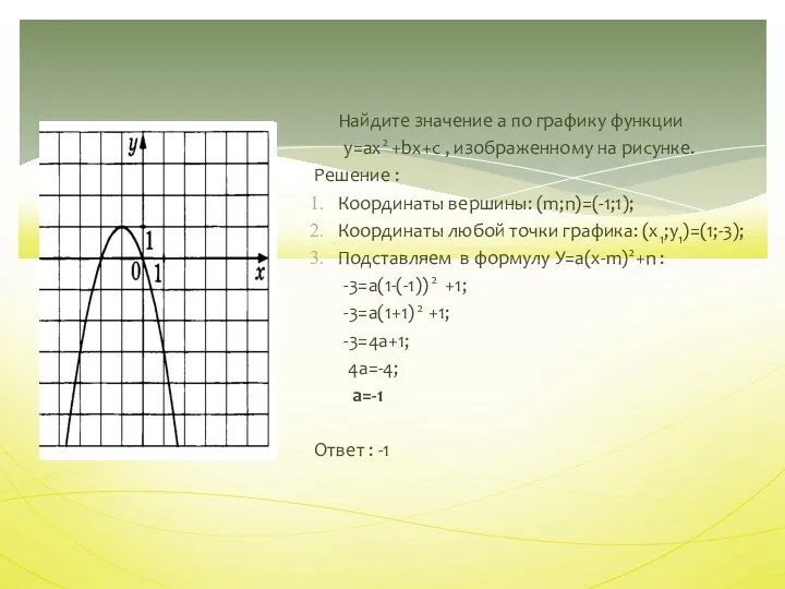 Найдите значение а по графику функции у=ax2 +bx+c , изображенному на рисунке. Решение