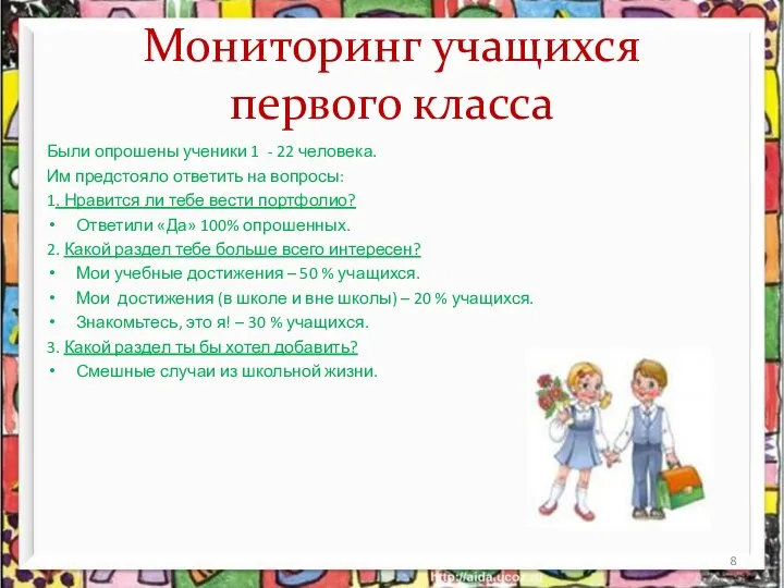 Мониторинг учащихся первого класса Были опрошены ученики 1 - 22 человека. Им предстояло