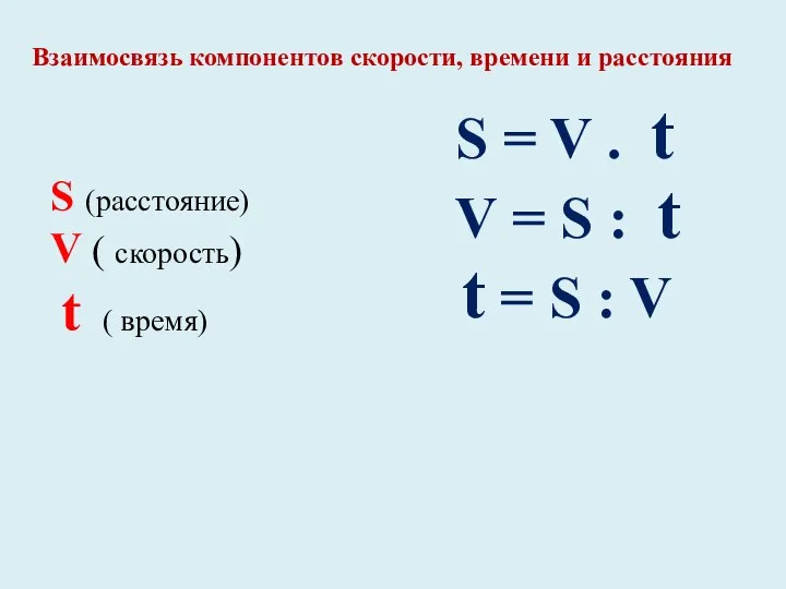 S (расстояние) V ( скорость) t ( время) S =