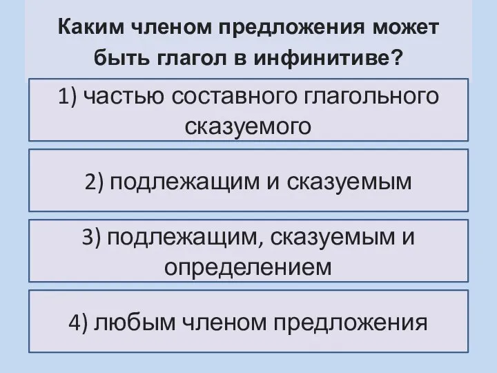 Каким членом предложения может быть глагол в инфинитиве? 4) любым