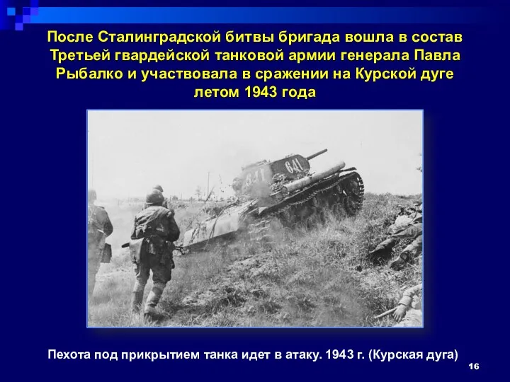 После Сталинградской битвы бригада вошла в состав Третьей гвардейской танковой