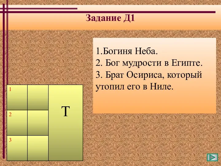 Задание Д1 1.Богиня Неба. 2. Бог мудрости в Египте. 3.