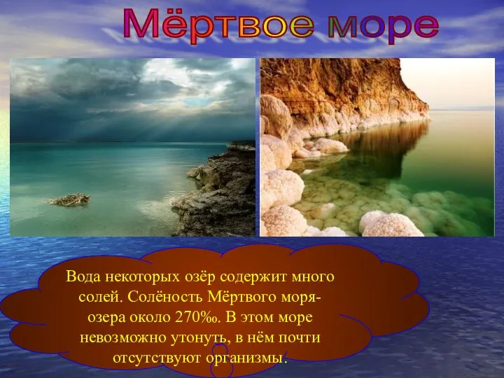 Мёртвое море Вода некоторых озёр содержит много солей. Солёность Мёртвого