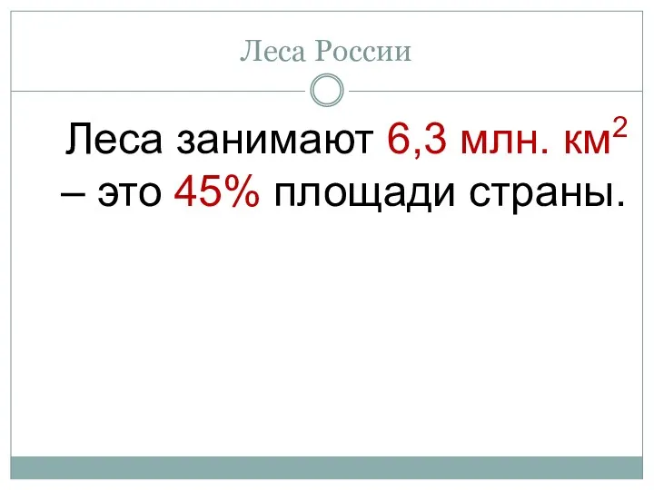 Леса России Леса занимают 6,3 млн. км2 – это 45% площади страны.