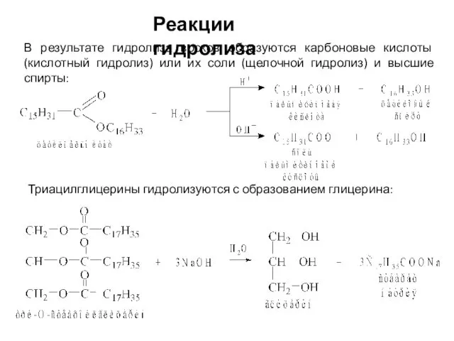 Реакции гидролиза В результате гидролиза восков образуются карбоновые кислоты (кислотный