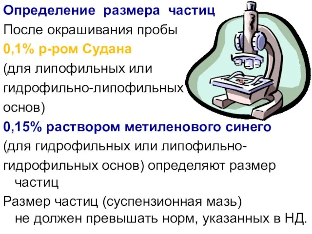 Определение размера частиц После окрашивания пробы 0,1% р-ром Судана (для