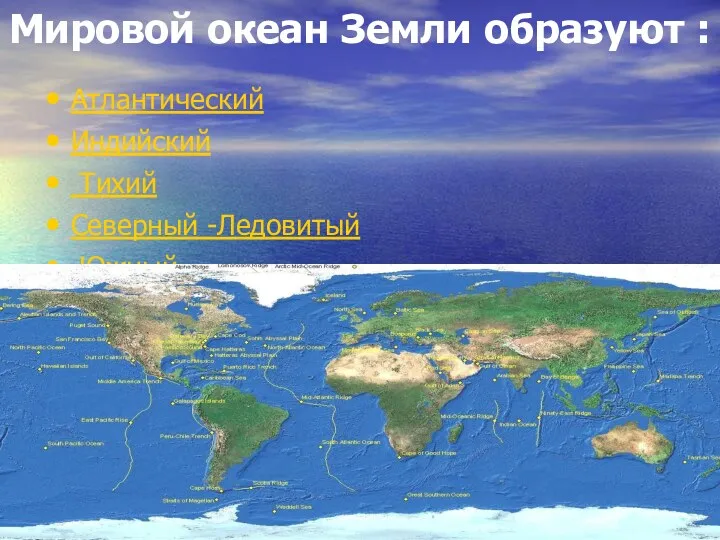 Мировой океан Земли образуют : Атлантический Индийский Тихий Северный -Ледовитый Южный
