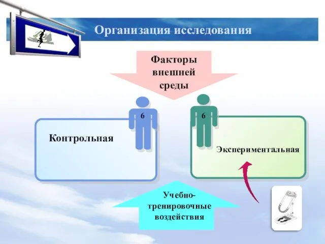 Организация исследования Контрольная 6 6 Учебно-тренировочные воздействия Факторы внешней среды