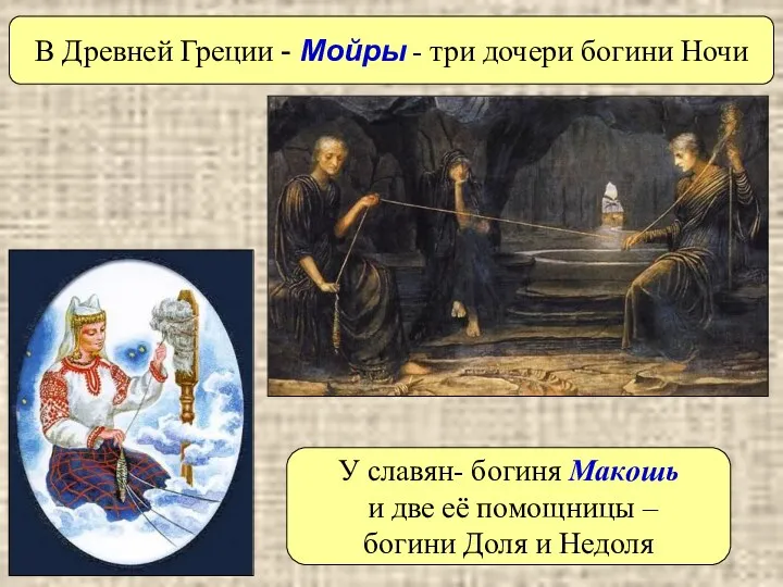 У славян- богиня Макошь и две её помощницы – богини