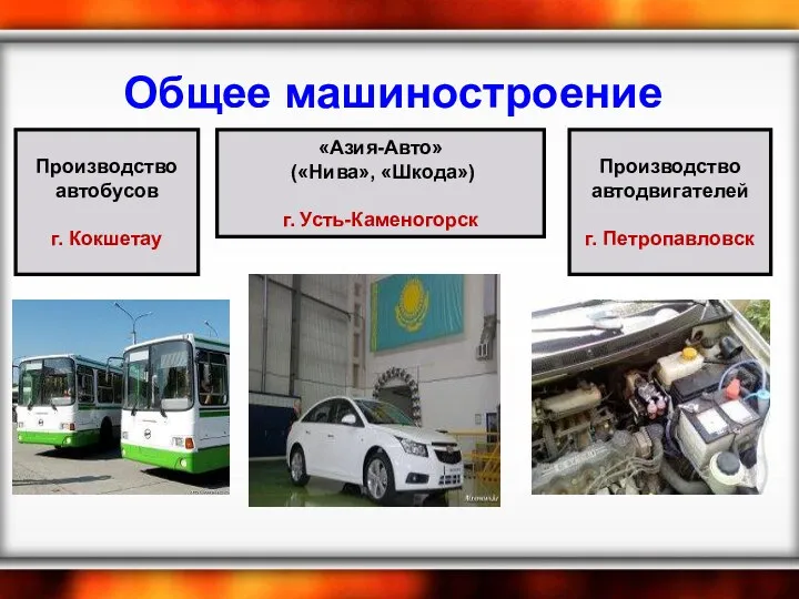 Общее машиностроение Производство автобусов г. Кокшетау «Азия-Авто» («Нива», «Шкода») г. Усть-Каменогорск Производство автодвигателей г. Петропавловск