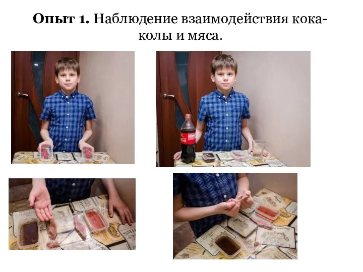 Опыт 1. Наблюдение взаимодействия кока-колы и мяса.