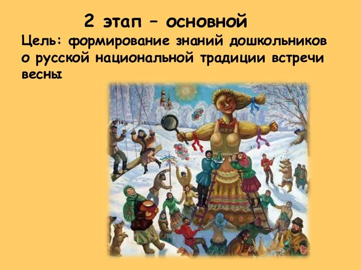2 этап – основной Цель: формирование знаний дошкольников о русской национальной традиции встречи весны