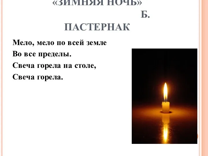 «ЗИМНЯЯ НОЧЬ» Б.ПАСТЕРНАК Мело, мело по всей земле Во все пределы. Свеча горела