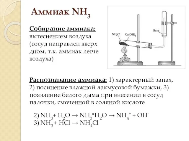 Аммиак NH3 Собирание аммиака: вытеснением воздуха (сосуд направлен вверх дном, т.к. аммиак легче