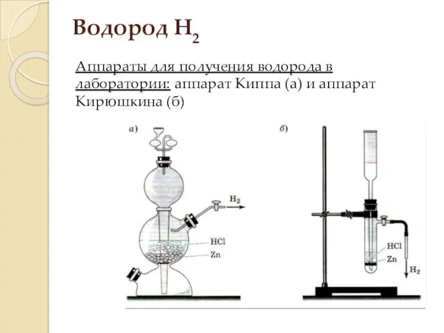 Водород H2 Аппараты для получения водорода в лаборатории: аппарат Киппа (а) и аппарат Кирюшкина (б)