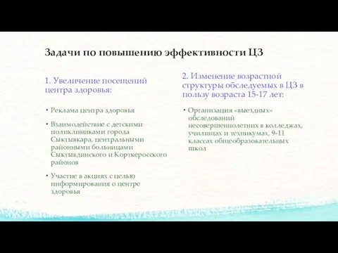 Задачи по повышению эффективности ЦЗ 1. Увеличение посещений центра здоровья: