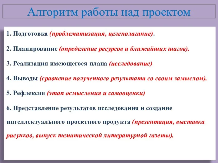 Алгоритм работы над проектом 1. Подготовка (проблематизация, целеполагание). 2. Планирование