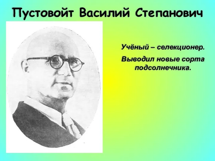 Пустовойт Василий Степанович Учёный – селекционер. Выводил новые сорта подсолнечника.