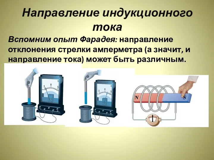 Направление индукционного тока Вспомним опыт Фарадея: направление отклонения стрелки амперметра