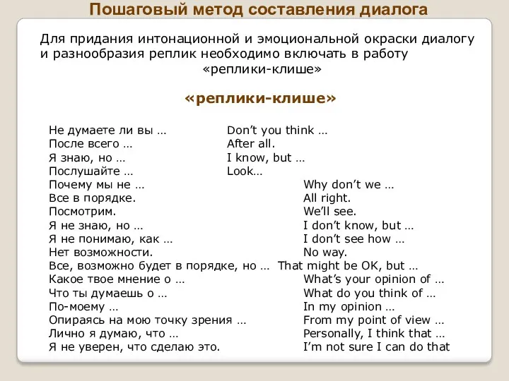 Пошаговый метод составления диалога Для придания интонационной и эмоциональной окраски