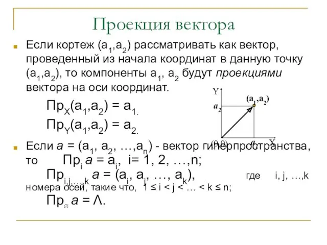 Проекция вектора Если кортеж (а1,а2) рассматривать как вектор, проведенный из начала координат в