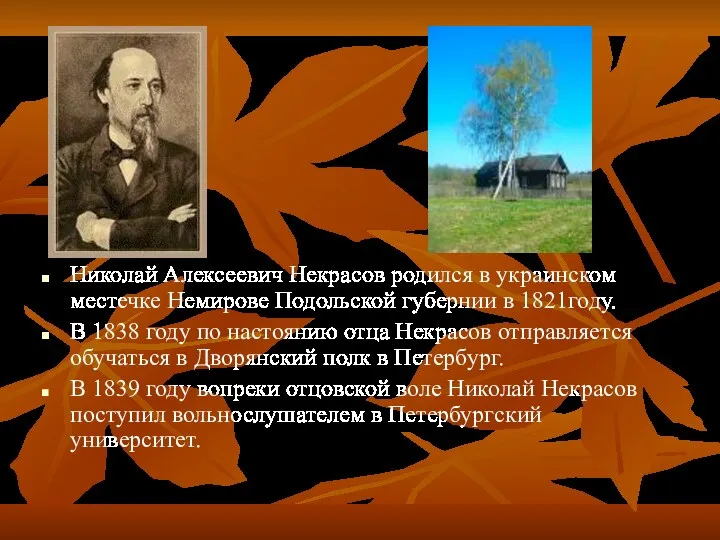 Николай Алексеевич Некрасов родился в украинском местечке Немирове Подольской губернии