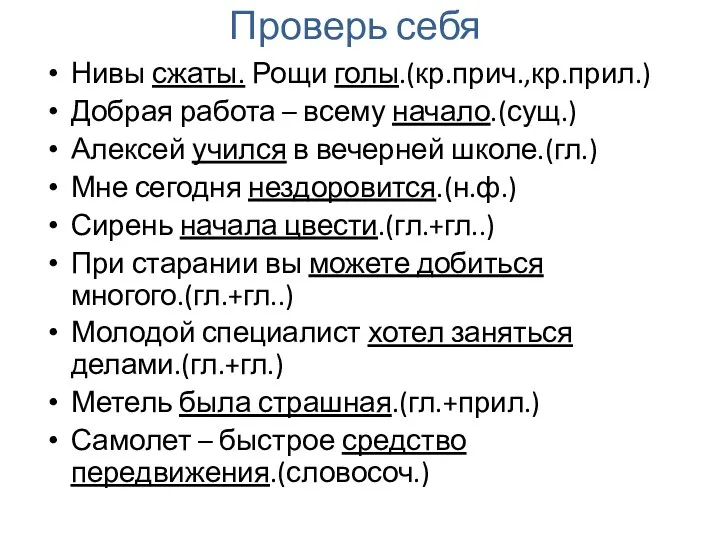 Проверь себя Нивы сжаты. Рощи голы.(кр.прич.,кр.прил.) Добрая работа – всему