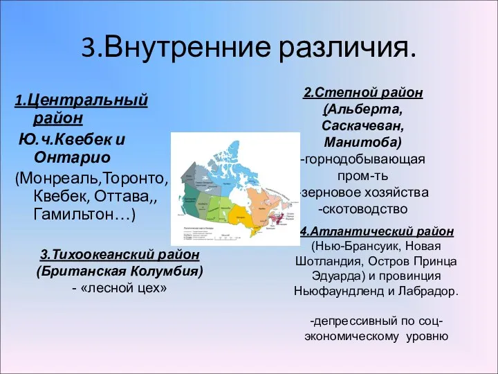 3.Внутренние различия. 1.Центральный район Ю.ч.Квебек и Онтарио (Монреаль,Торонто, Квебек, Оттава,,Гамильтон…)