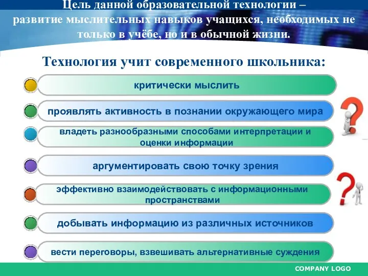 Цель данной образовательной технологии – развитие мыслительных навыков учащихся, необходимых