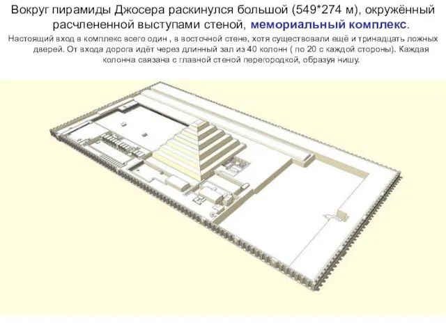 Вокруг пирамиды Джосера раскинулся большой (549*274 м), окружённый расчлененной выступами