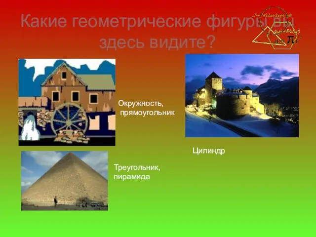 Какие геометрические фигуры вы здесь видите? Треугольник, пирамида Окружность, прямоугольник Цилиндр