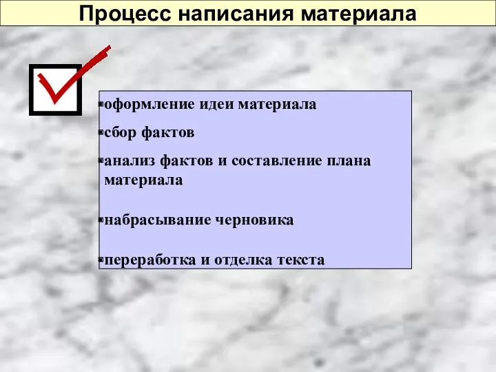 Процесс написания материала оформление идеи материала сбор фактов анализ фактов