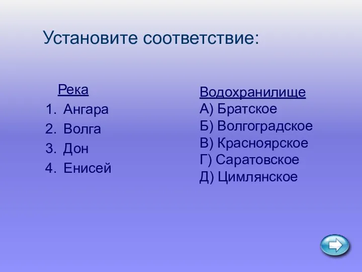 Установите соответствие: Река Ангара Волга Дон Енисей Водохранилище А) Братское