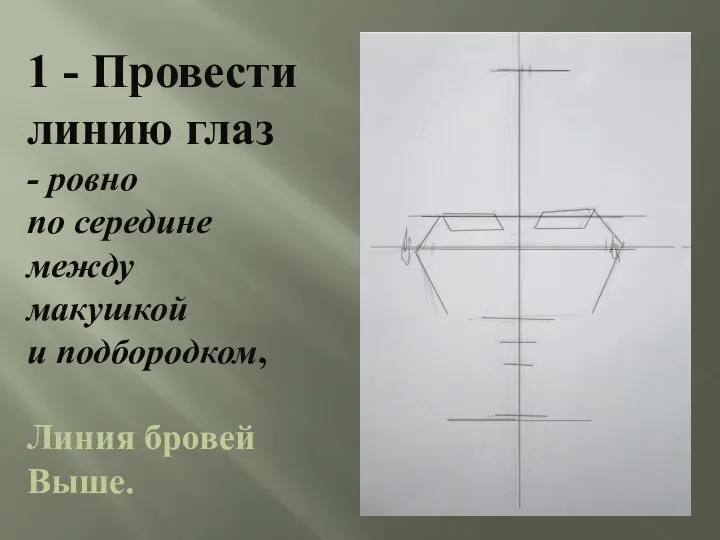 1 - Провести линию глаз - ровно по середине между макушкой и подбородком, Линия бровей Выше.