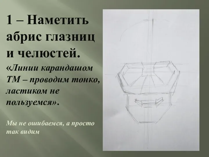 1 – Наметить абрис глазниц и челюстей. «Линии карандашом ТМ