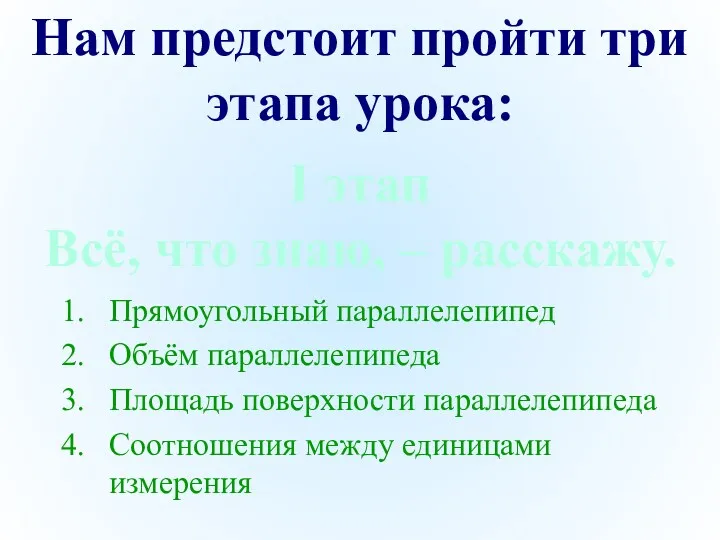 Прямоугольный параллелепипед Объём параллелепипеда Площадь поверхности параллелепипеда Соотношения между единицами