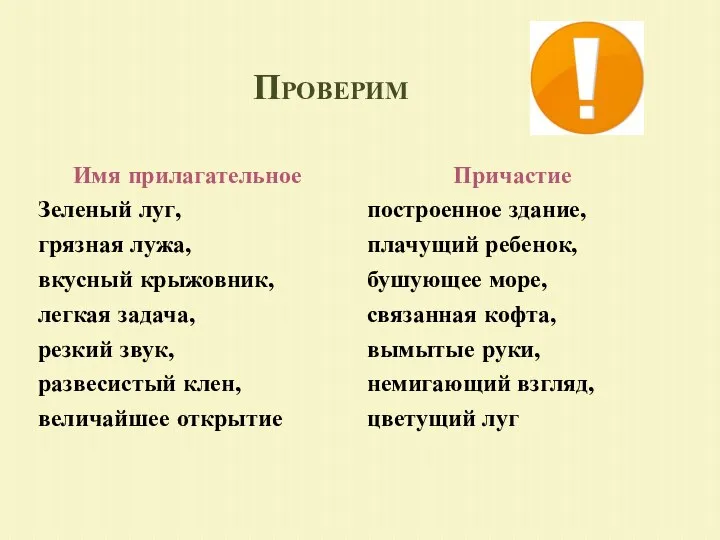 Проверим Имя прилагательное Зеленый луг, грязная лужа, вкусный крыжовник, легкая