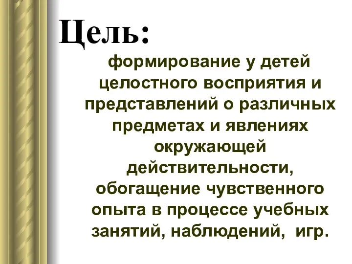 Цель: формирование у детей целостного восприятия и представлений о различных