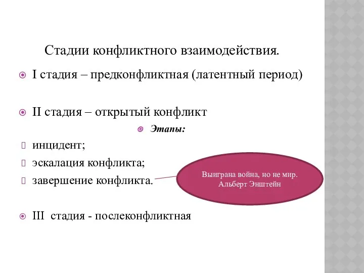 Стадии конфликтного взаимодействия. I стадия – предконфликтная (латентный период) II