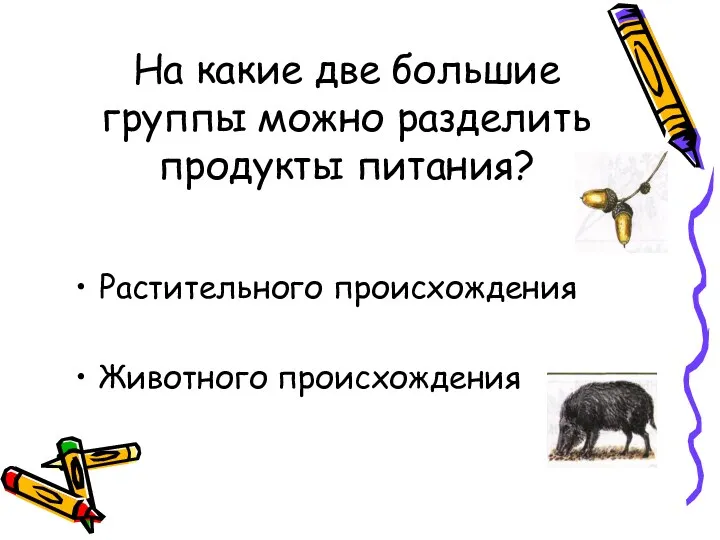 На какие две большие группы можно разделить продукты питания? Растительного происхождения Животного происхождения