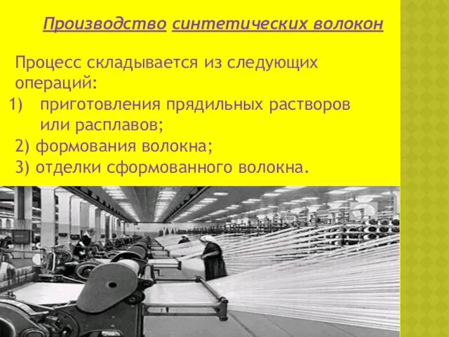 Производство синтетических волокон Процесс складывается из следующих операций: приготовления прядильных