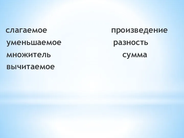 слагаемое произведение уменьшаемое разность множитель сумма вычитаемое