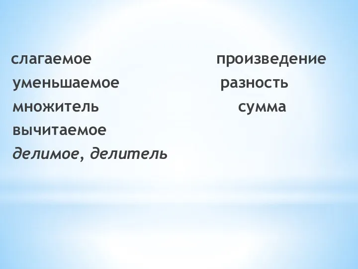 слагаемое произведение уменьшаемое разность множитель сумма вычитаемое делимое, делитель