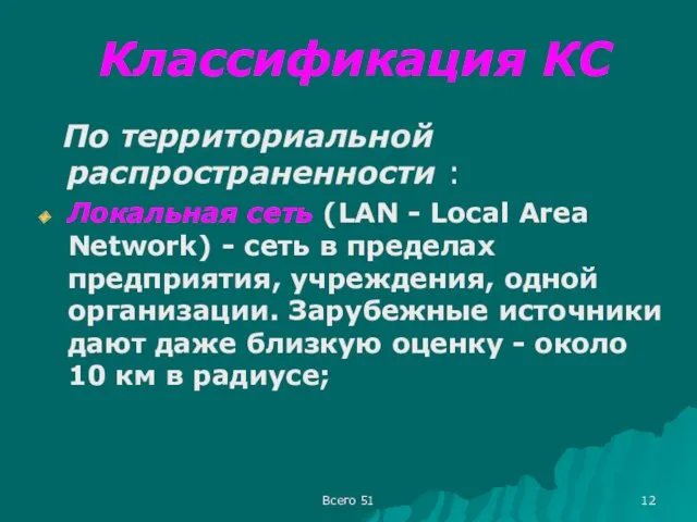Классификация КС По территориальной распространенности : Локальная сеть (LAN - Local Area Network)