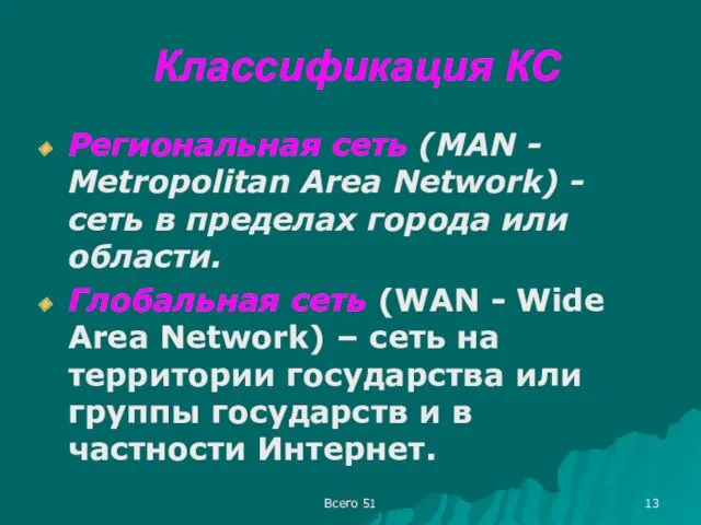 Классификация КС Региональная сеть (MAN - Metropolitan Area Network) - сеть в пределах