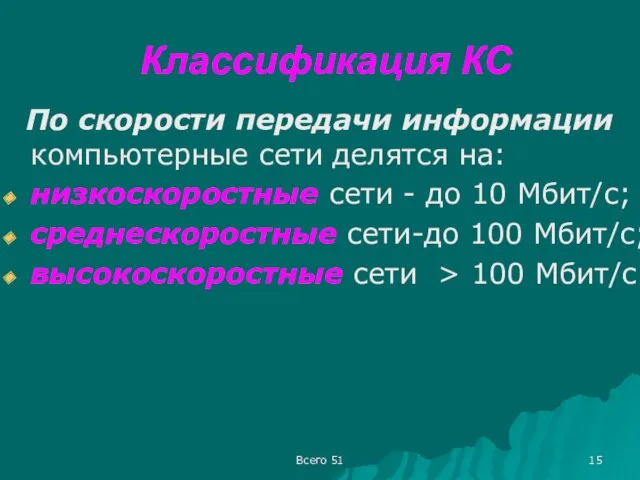 Классификация КС По скорости передачи информации компьютерные сети делятся на: