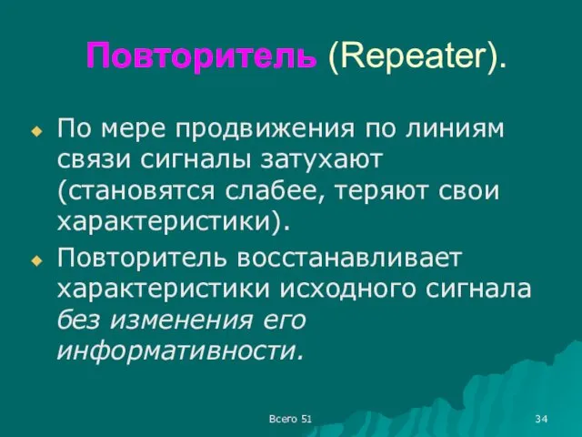 Повторитель (Repeater). По мере продвижения по линиям связи сигналы затухают