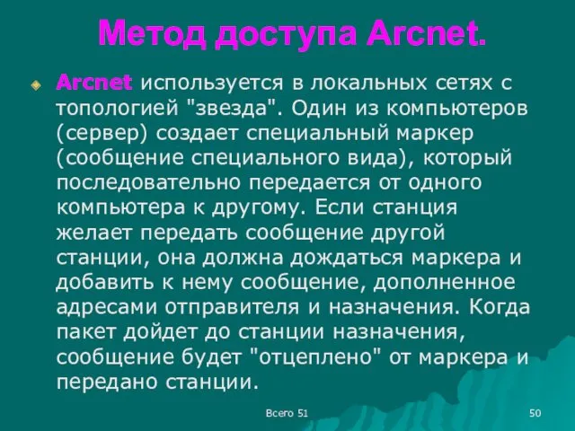 Метод доступа Arcnet. Arcnet используется в локальных сетях с топологией "звезда". Один из